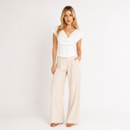 Button-Front Pleated V-Neck Top