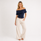 Button-Front Pleated V-Neck Top