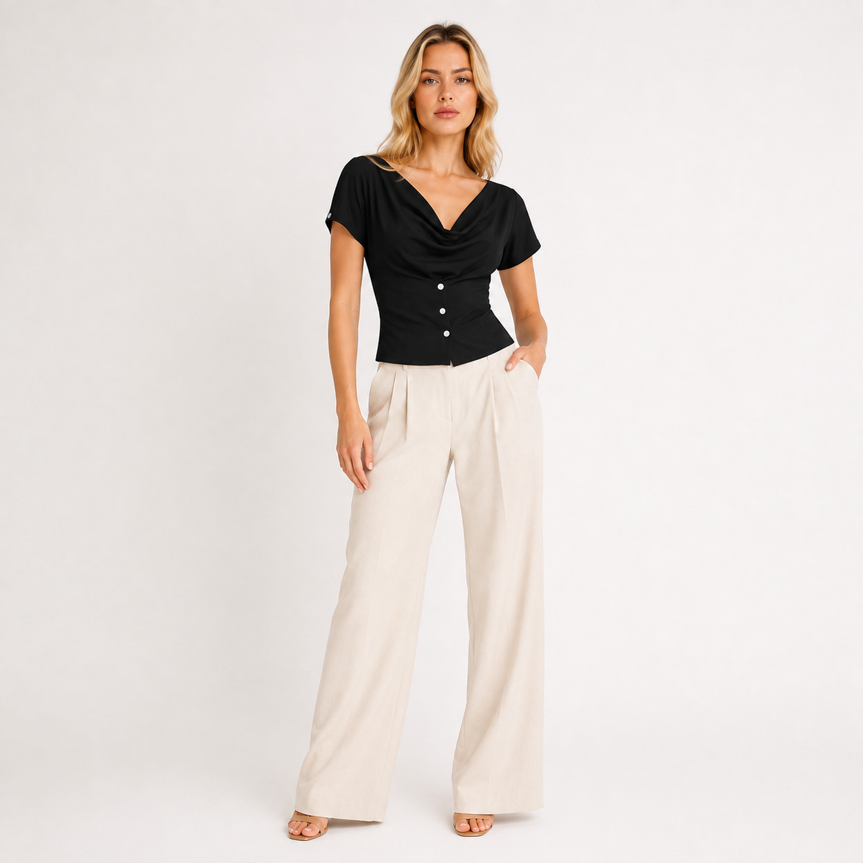 Button-Front Pleated V-Neck Top