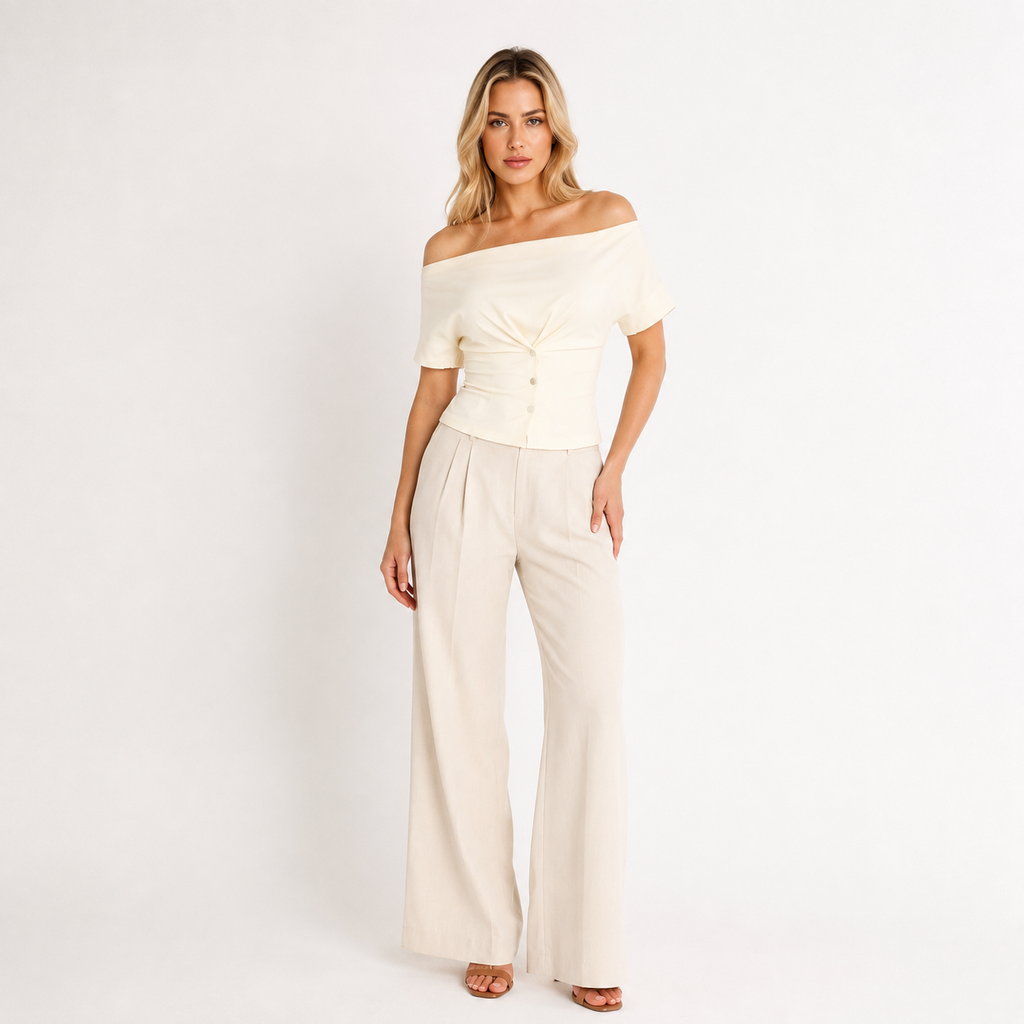 Button-Front Pleated V-Neck Top