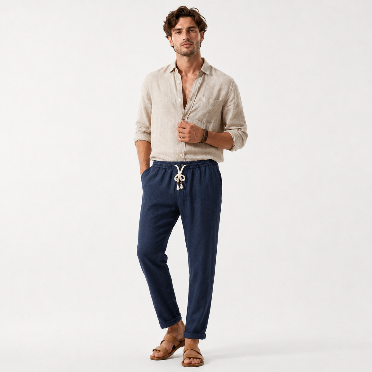 Linen-Blend Drawstring Trousers