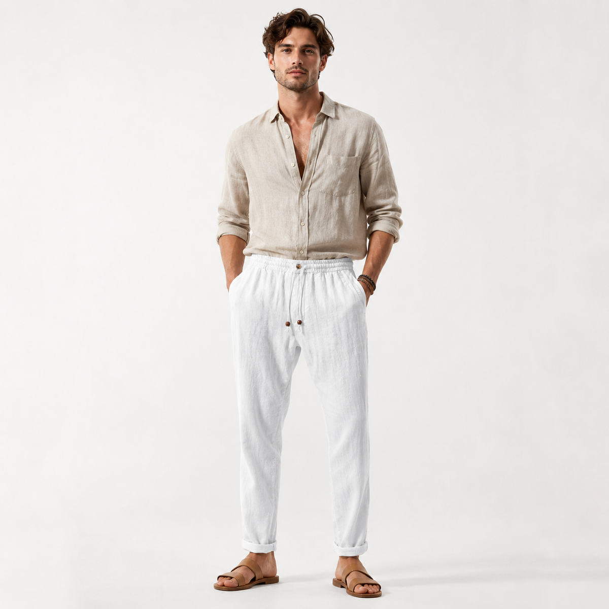 Linen-Blend Drawstring Trousers