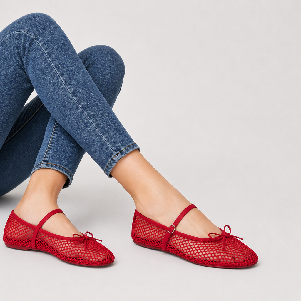 Mesh Buckle Strap Ballet Flats