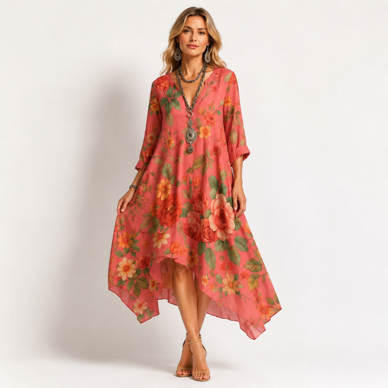 V Neck Floral Print Long Sleeve Midi Dress