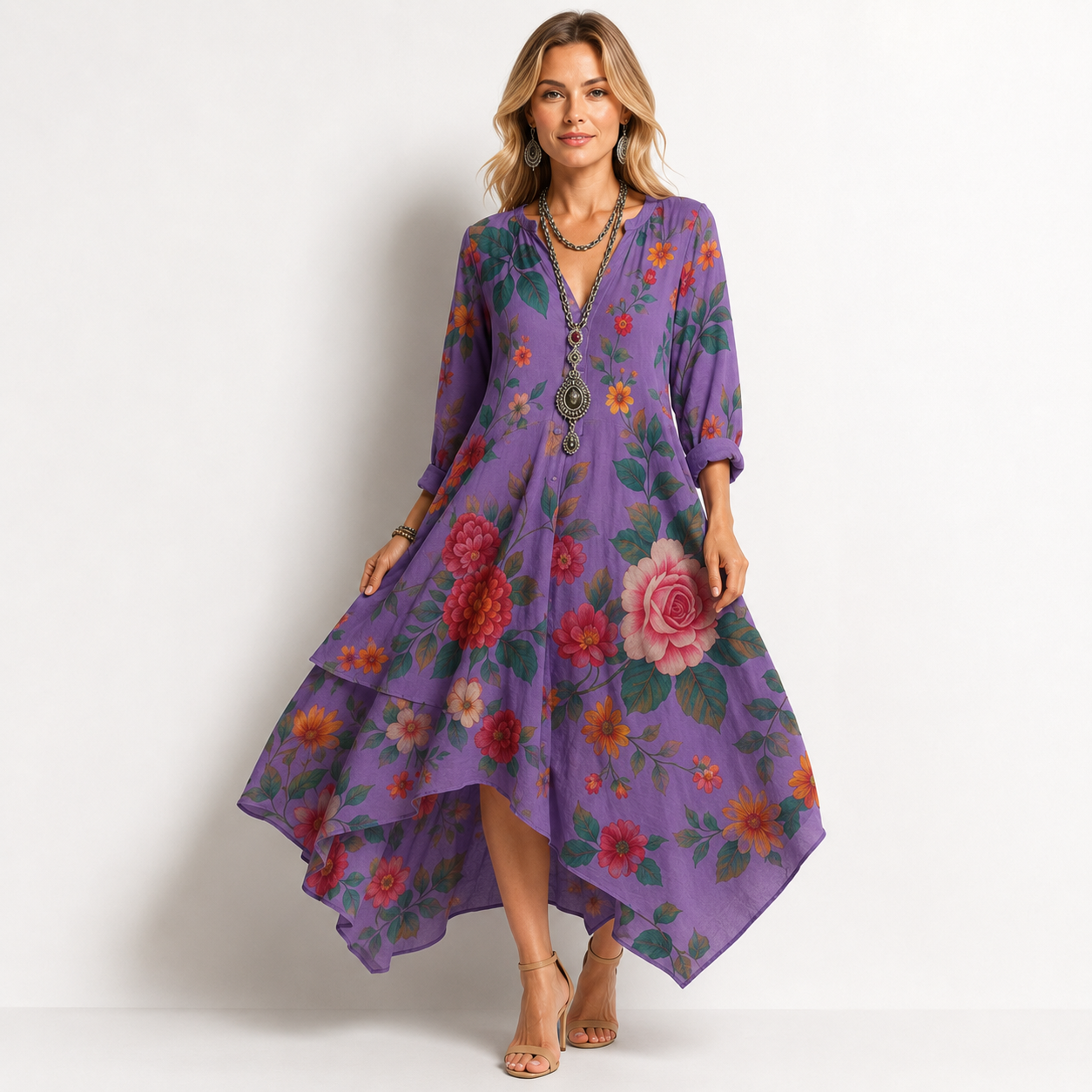 V Neck Floral Print Long Sleeve Midi Dress