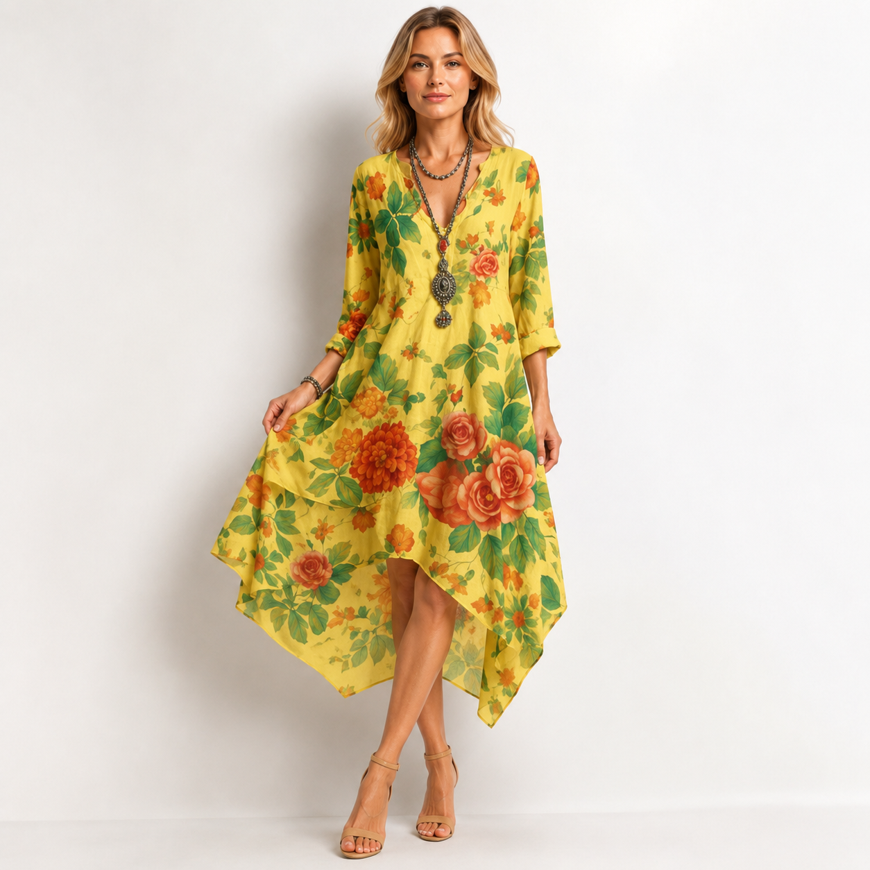 V Neck Floral Print Long Sleeve Midi Dress