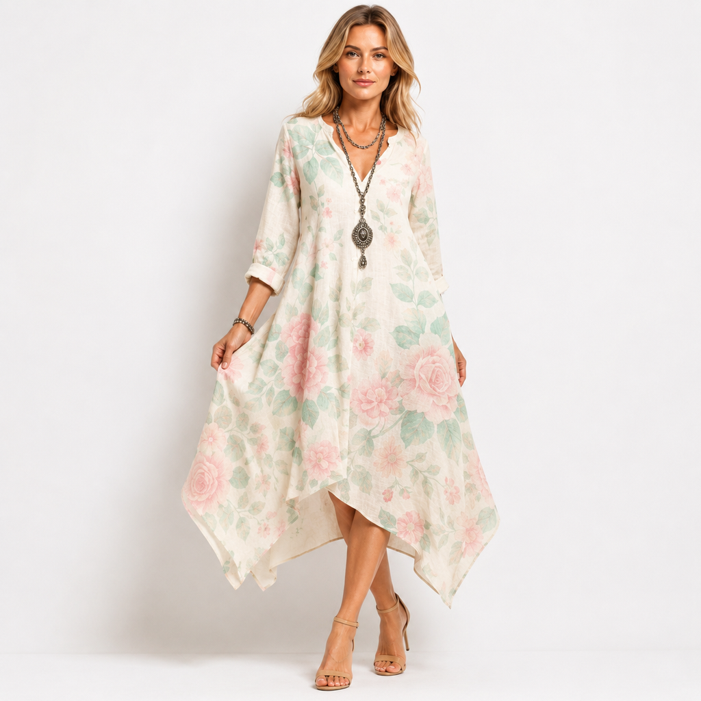 V Neck Floral Print Long Sleeve Midi Dress