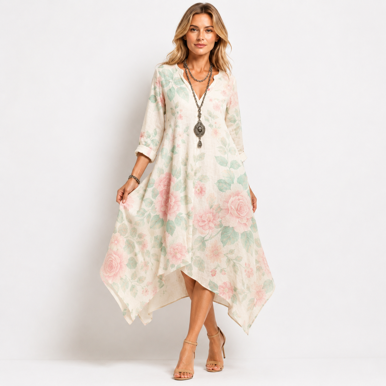 V Neck Floral Print Long Sleeve Midi Dress