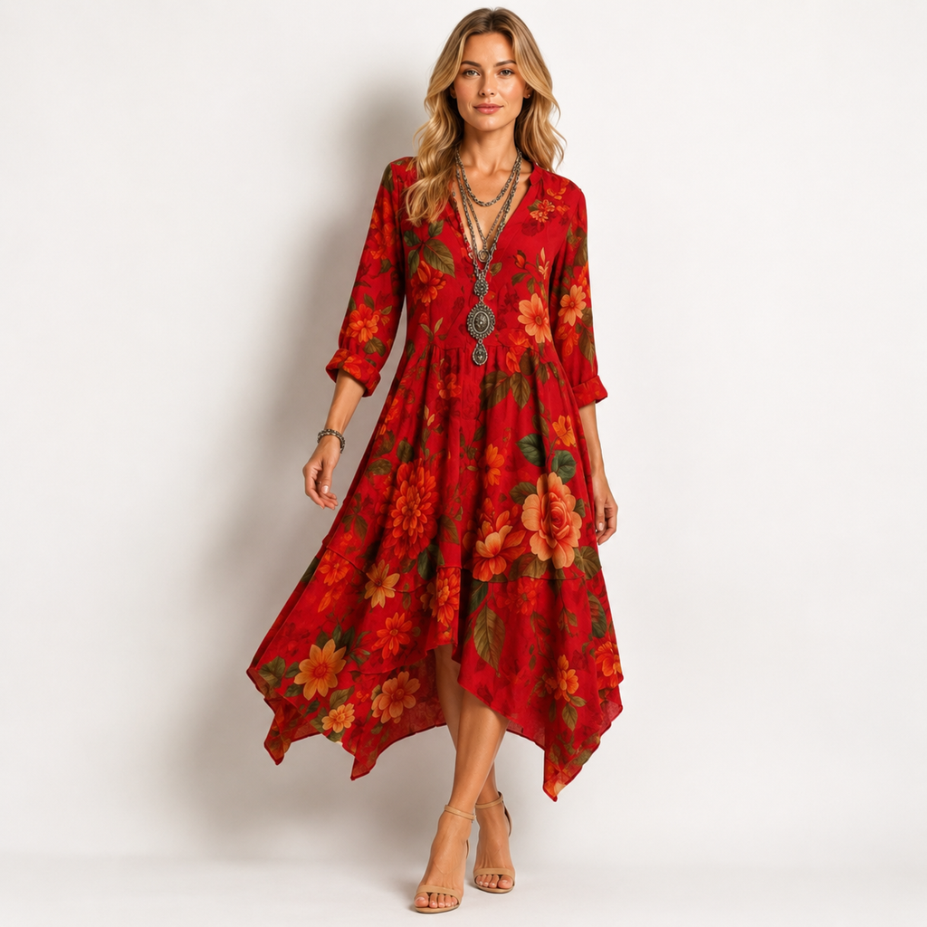 V Neck Floral Print Long Sleeve Midi Dress