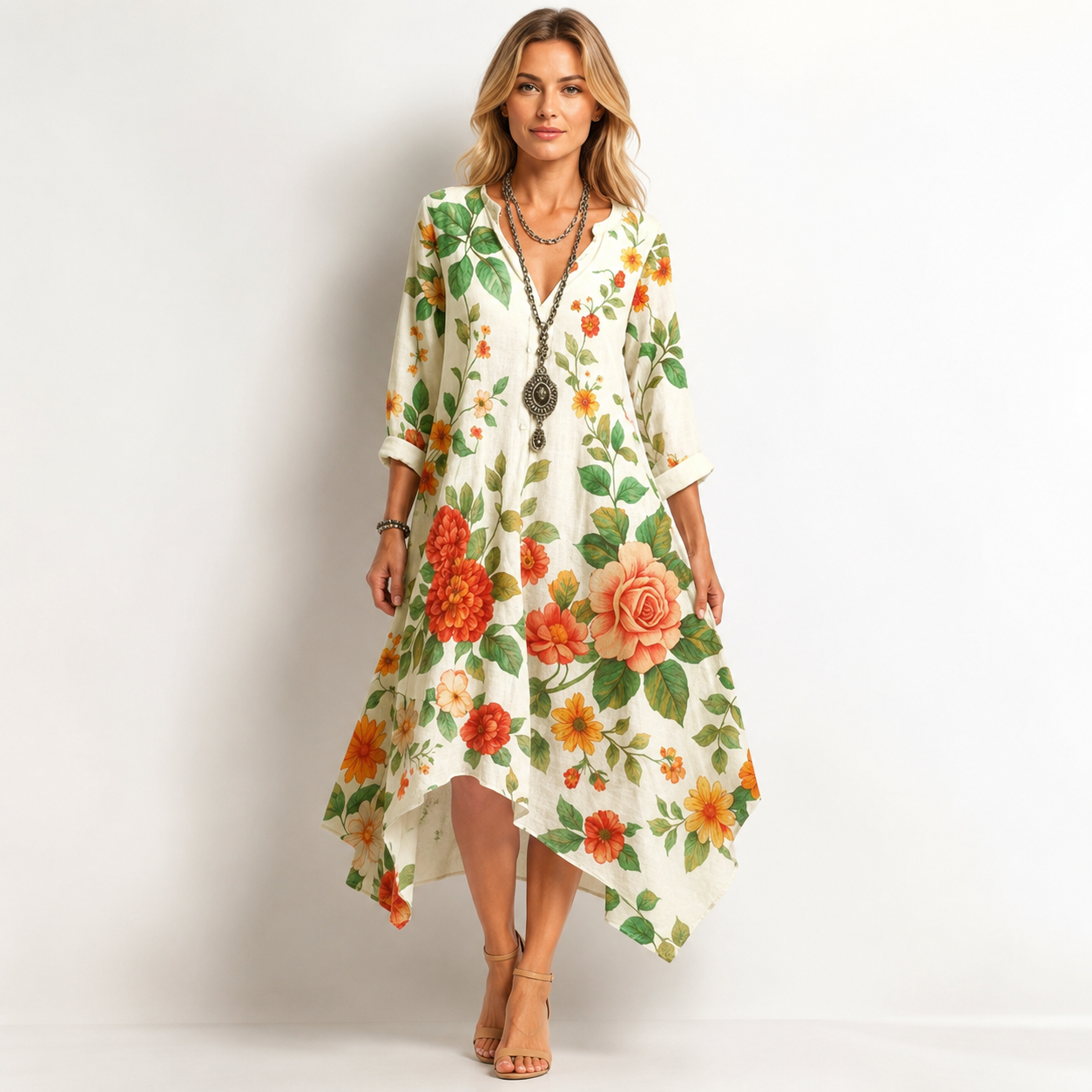 V Neck Floral Print Long Sleeve Midi Dress