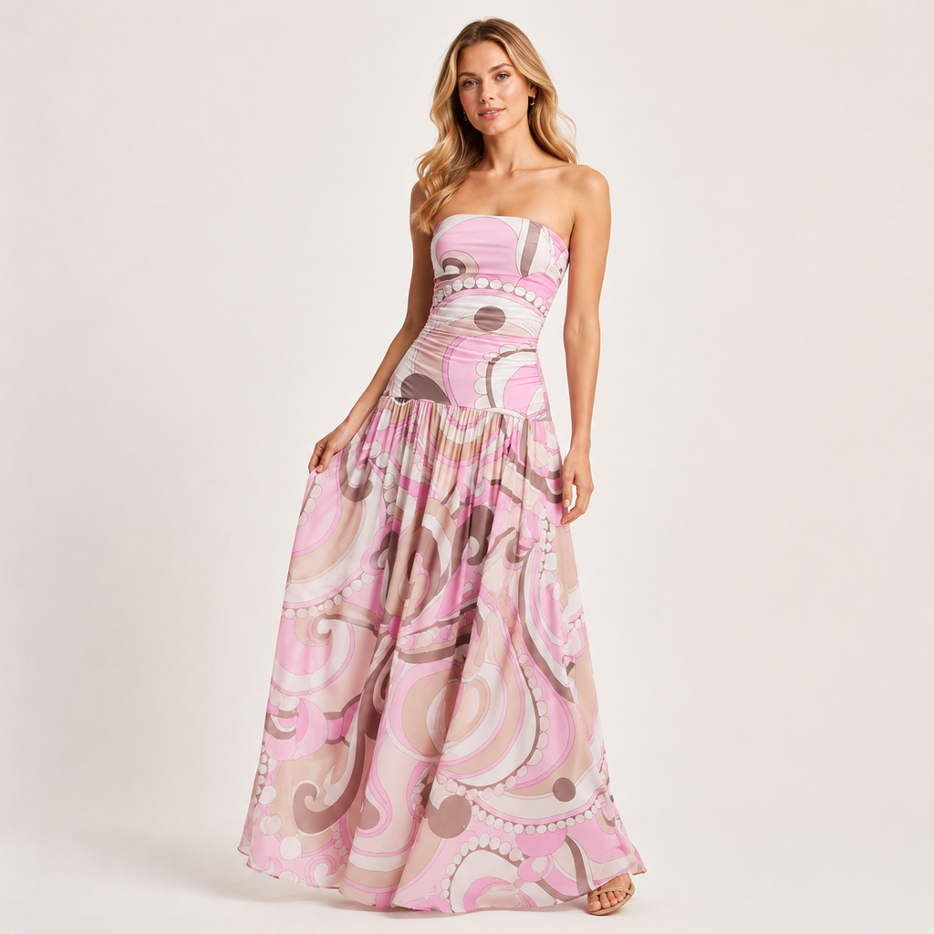 Strapless Ruched Bodice Printed Maxi Dress
