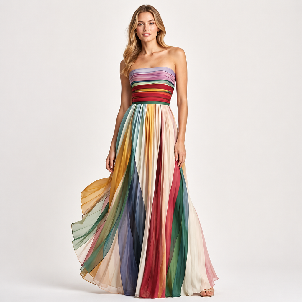 Strapless Ruched Bodice Printed Maxi Dress