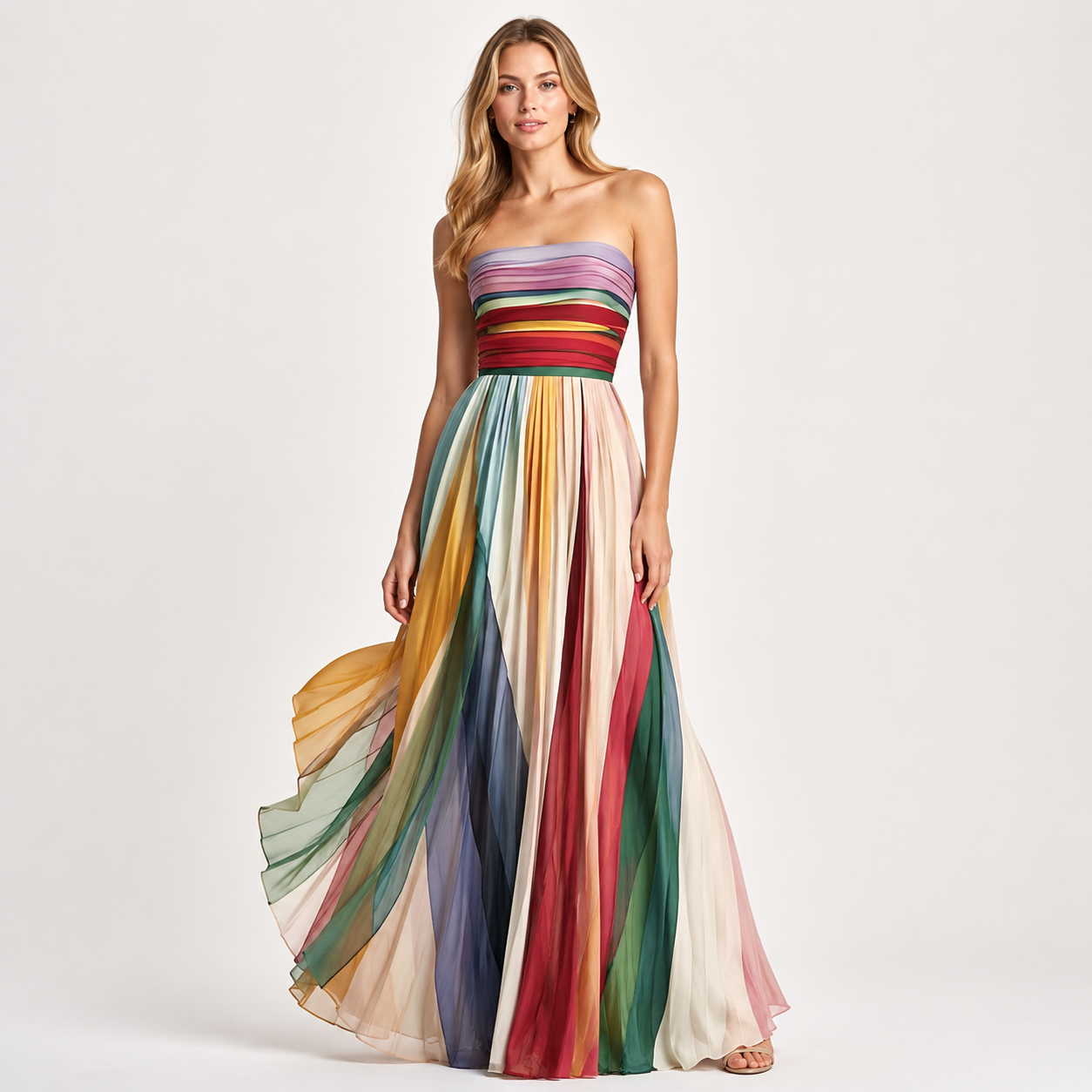Strapless Ruched Bodice Printed Maxi Dress