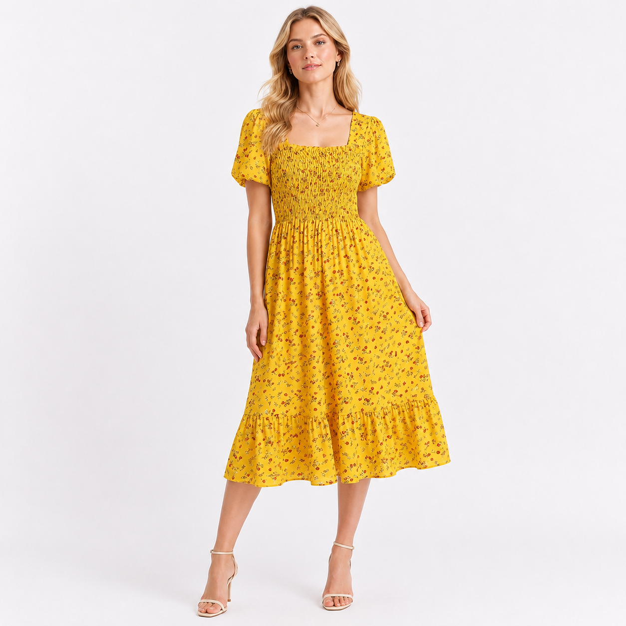 Short Sleeve Floral Chiffon Midi Dress