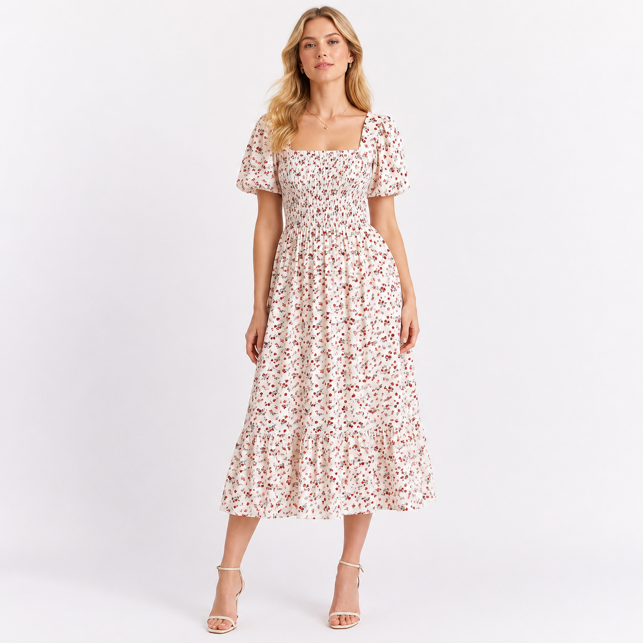 Short Sleeve Floral Chiffon Midi Dress