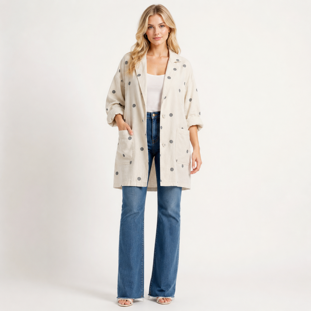Embroidered Polka Dot Cotton Poly Blend Coat