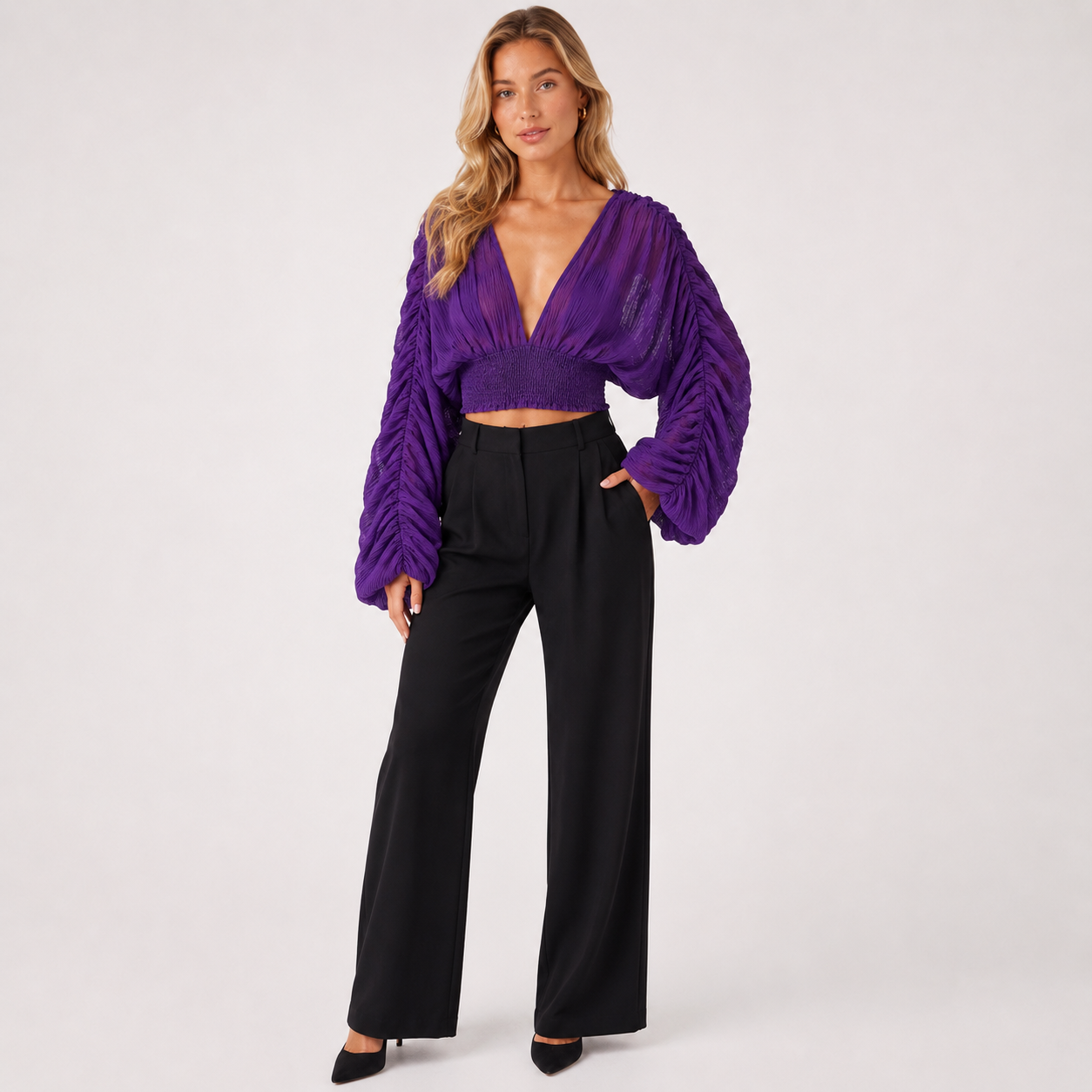 V-Neck Lantern Sleeve Blouse