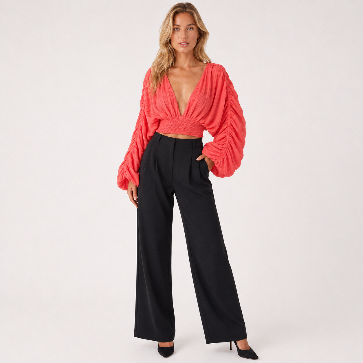 V-Neck Lantern Sleeve Blouse