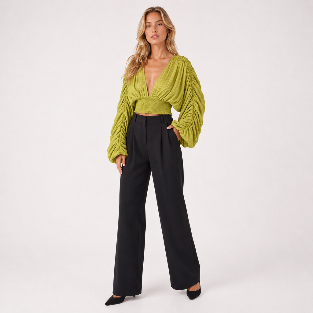 V-Neck Lantern Sleeve Blouse