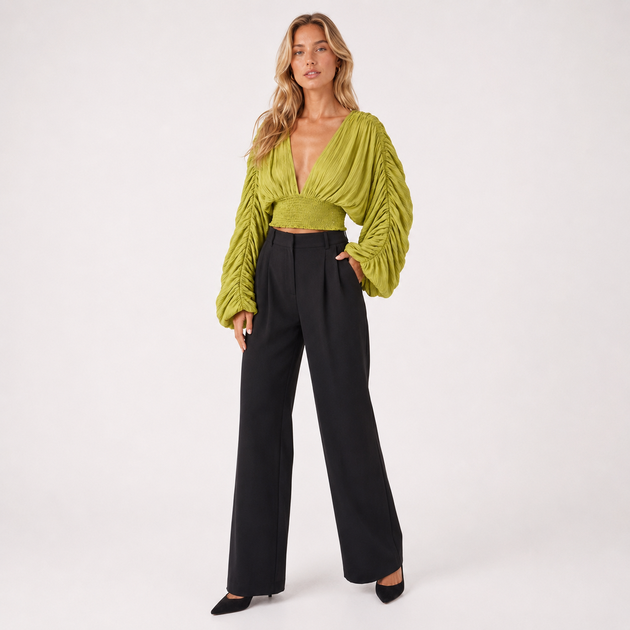 V-Neck Lantern Sleeve Blouse
