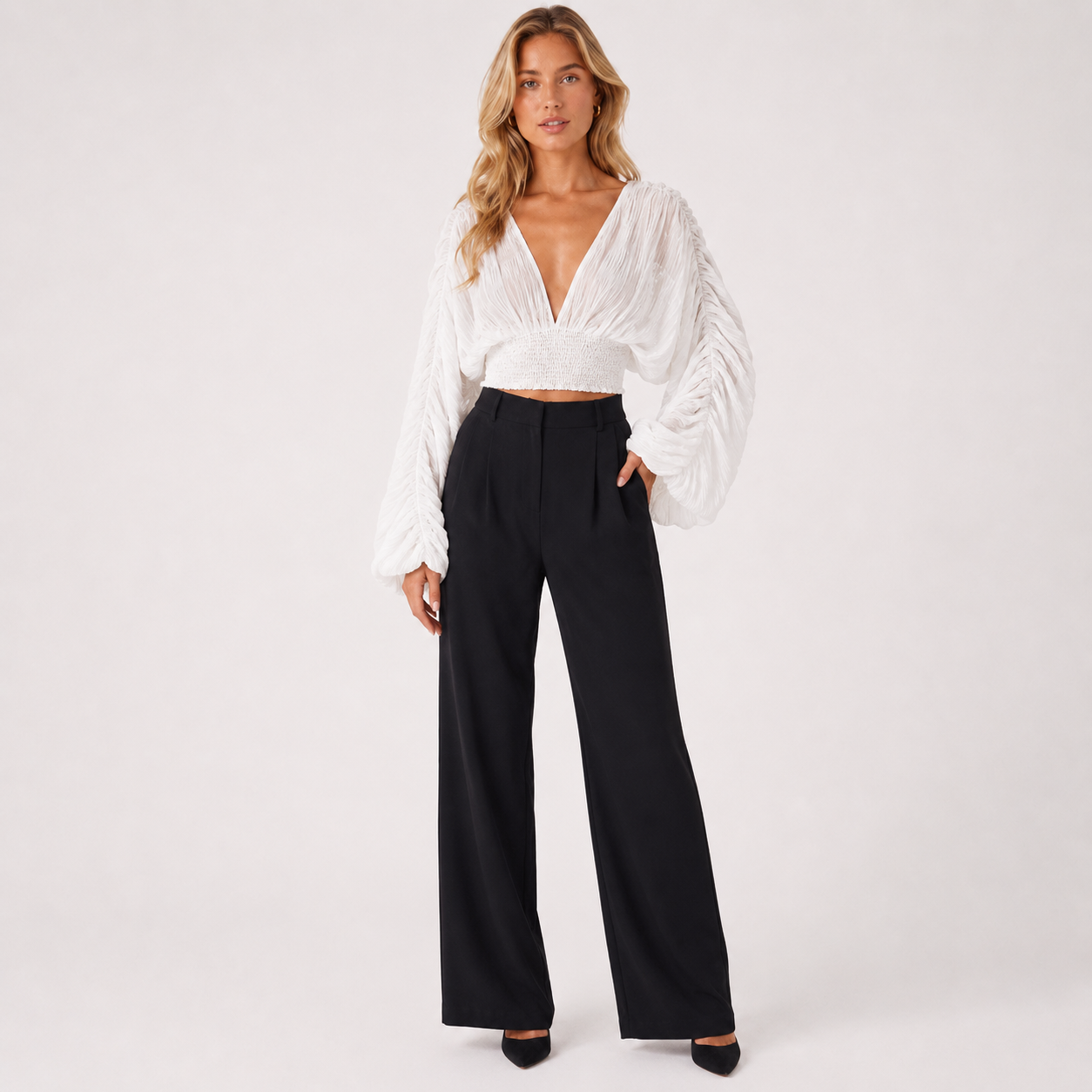 V-Neck Lantern Sleeve Blouse