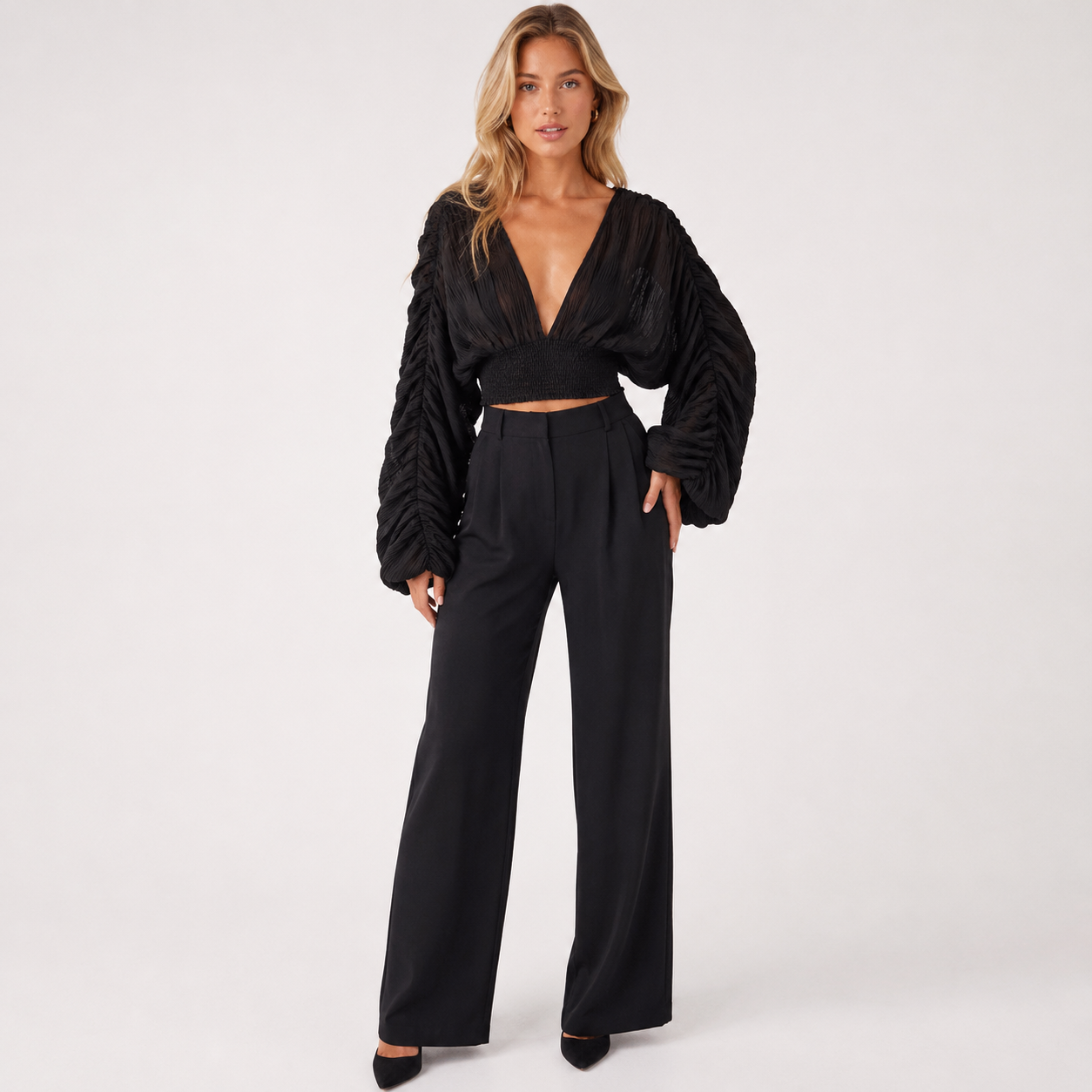 V-Neck Lantern Sleeve Blouse