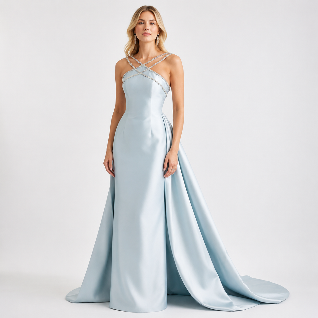 Beaded Halter Satin Maxi Gown