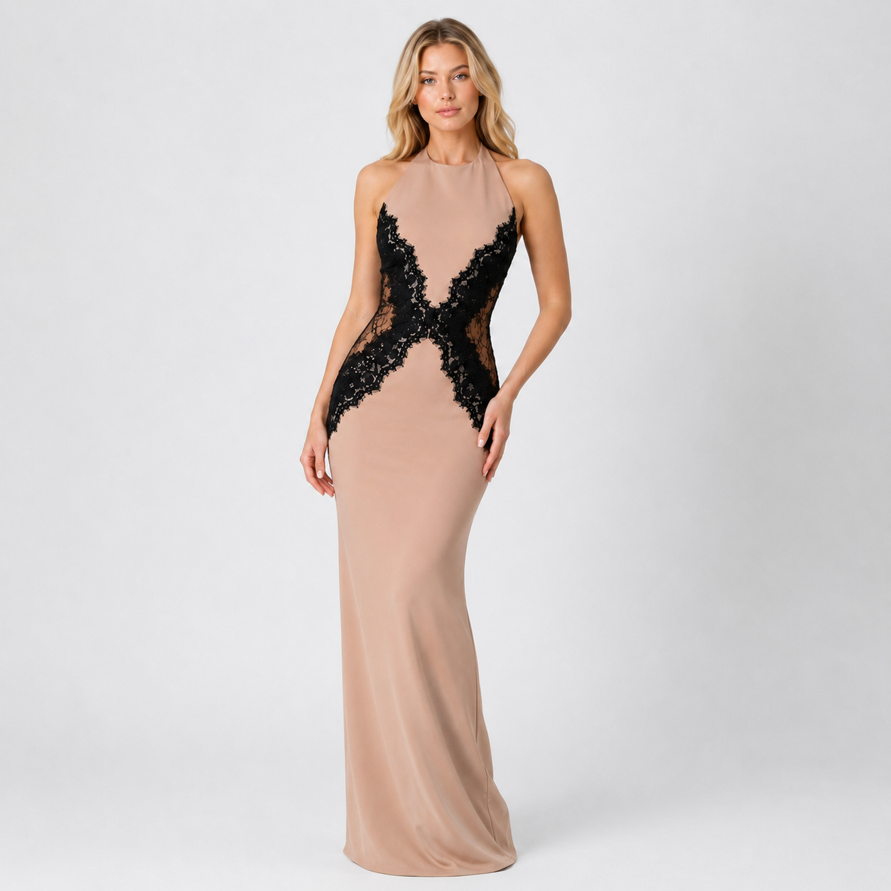 Halter Neck Lace Panel Maxi Dress