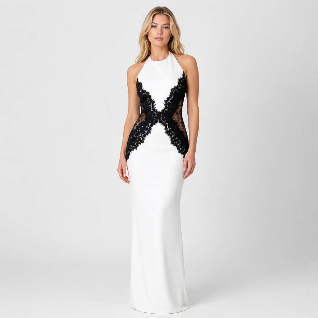 Halter Neck Lace Panel Maxi Dress