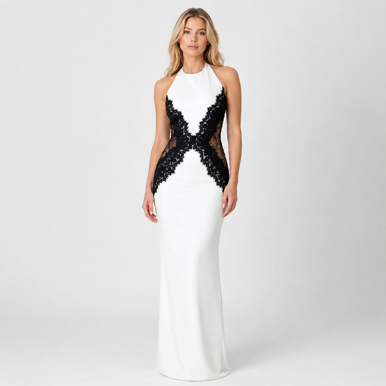 Halter Neck Lace Panel Maxi Dress