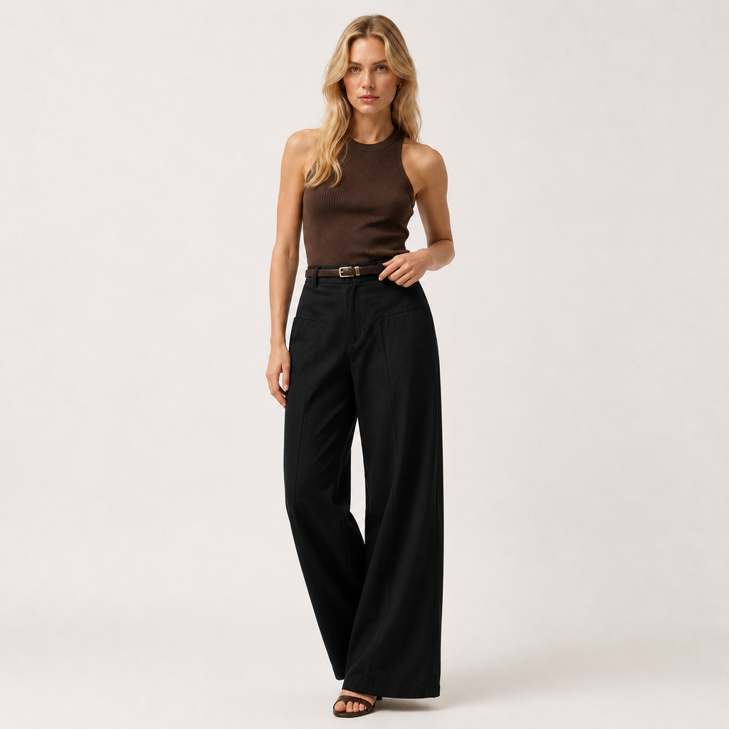 Cotton-Poly Blend Wide Leg Trousers