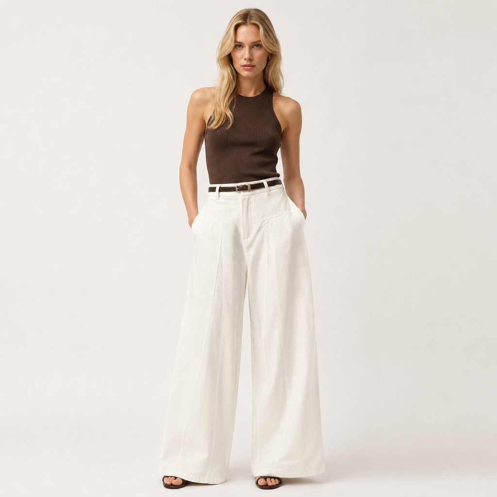 Cotton-Poly Blend Wide Leg Trousers