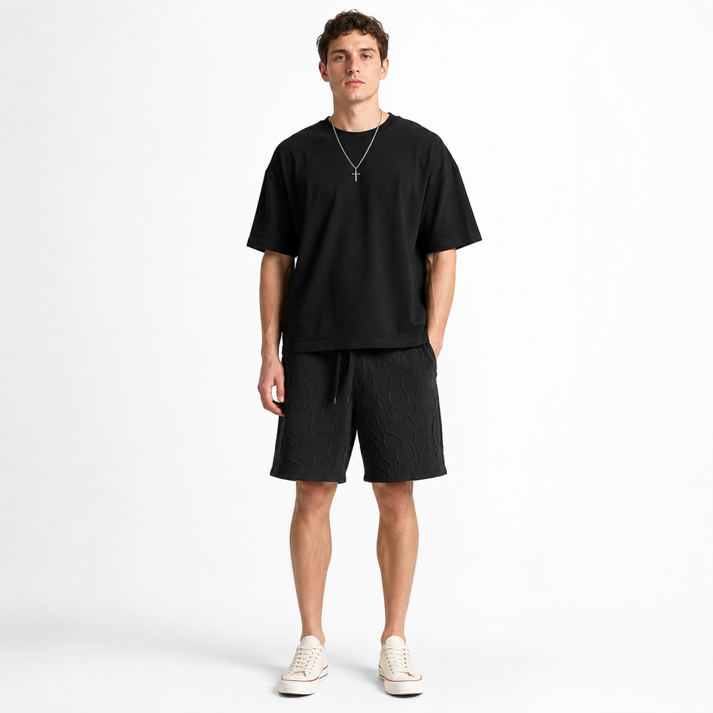 Textured Letter Drawstring Shorts