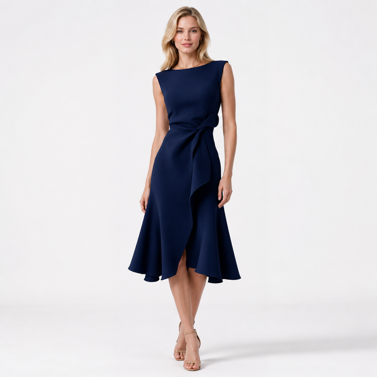 Sleeveless O-Neck Ruffle Slit Midi Dress