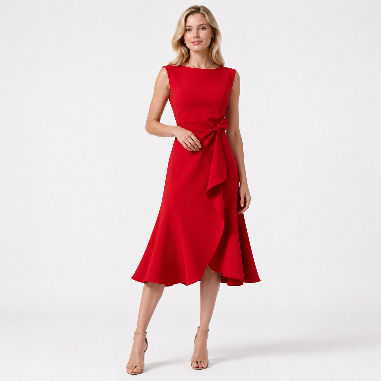 Sleeveless O-Neck Ruffle Slit Midi Dress