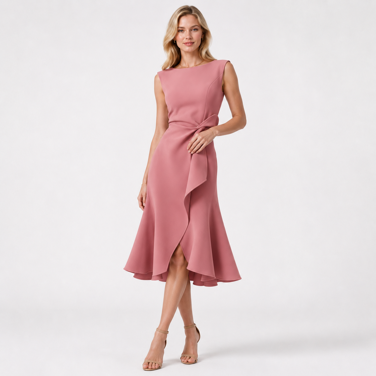 Sleeveless O-Neck Ruffle Slit Midi Dress
