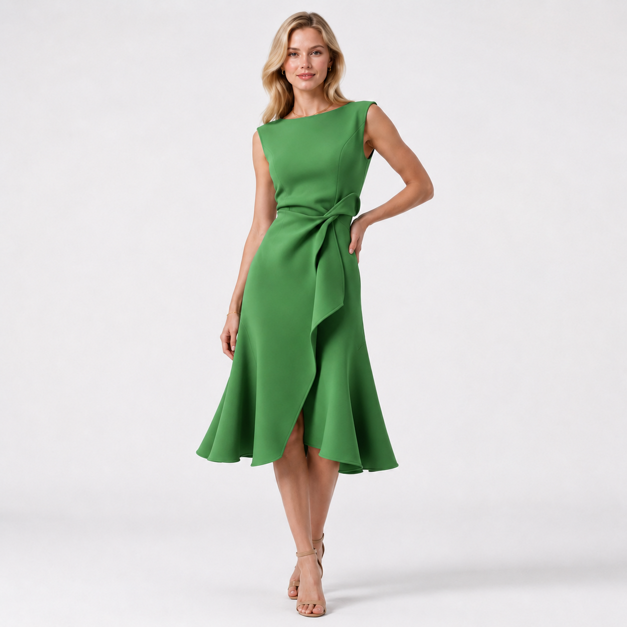 Sleeveless O-Neck Ruffle Slit Midi Dress