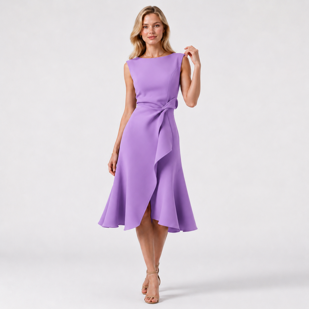Sleeveless O-Neck Ruffle Slit Midi Dress