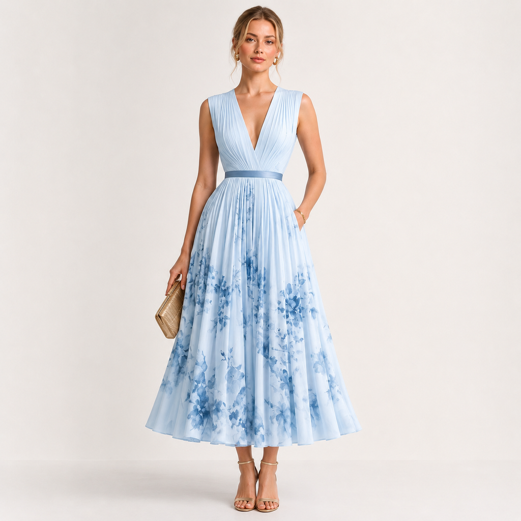 Pleated V-Neck Floral Midi Dress