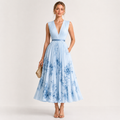 Pleated V-Neck Floral Midi Dress