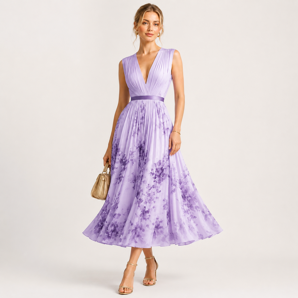 Pleated V-Neck Floral Midi Dress