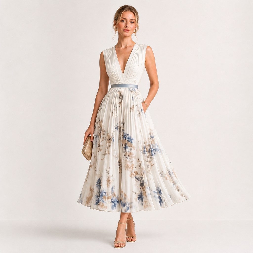 Pleated V-Neck Floral Midi Dress