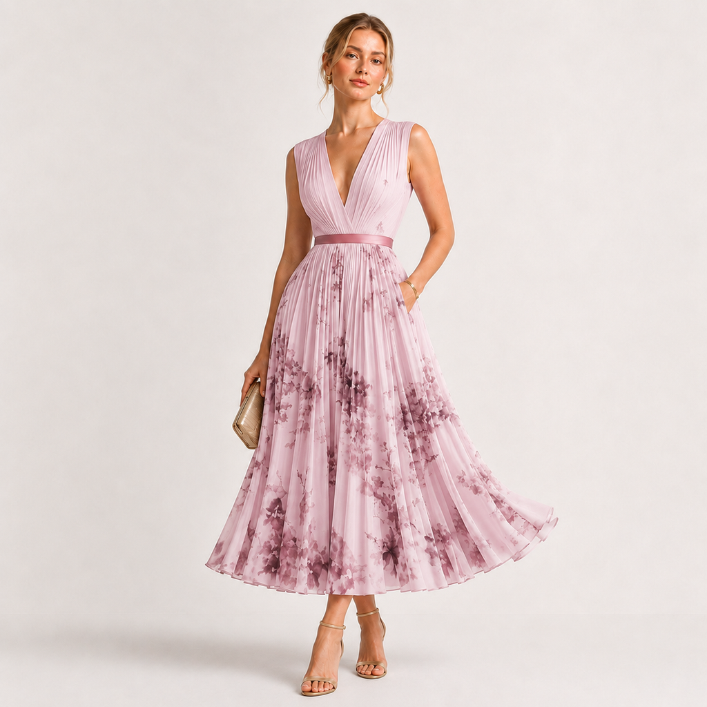 Pleated V-Neck Floral Midi Dress
