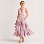 Pleated V-Neck Floral Midi Dress