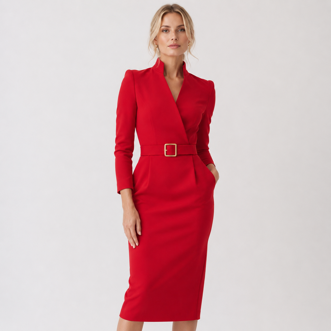Belted Stand Collar Pencil Dress