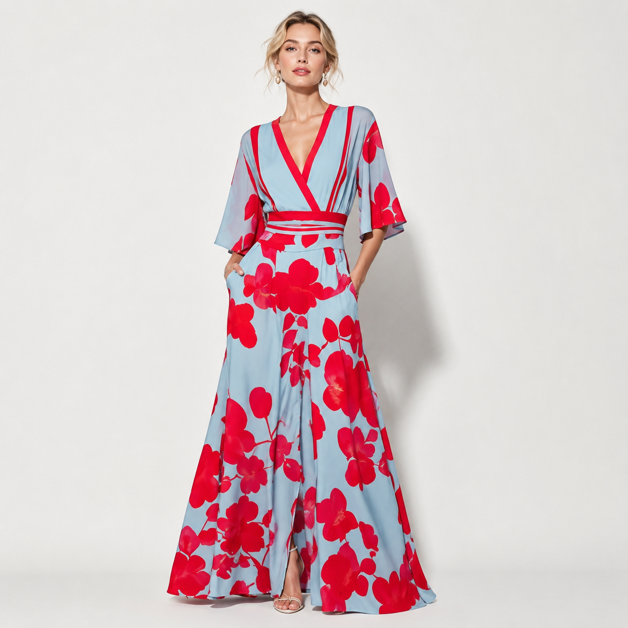 V Neck Belted A-Line Maxi Dress