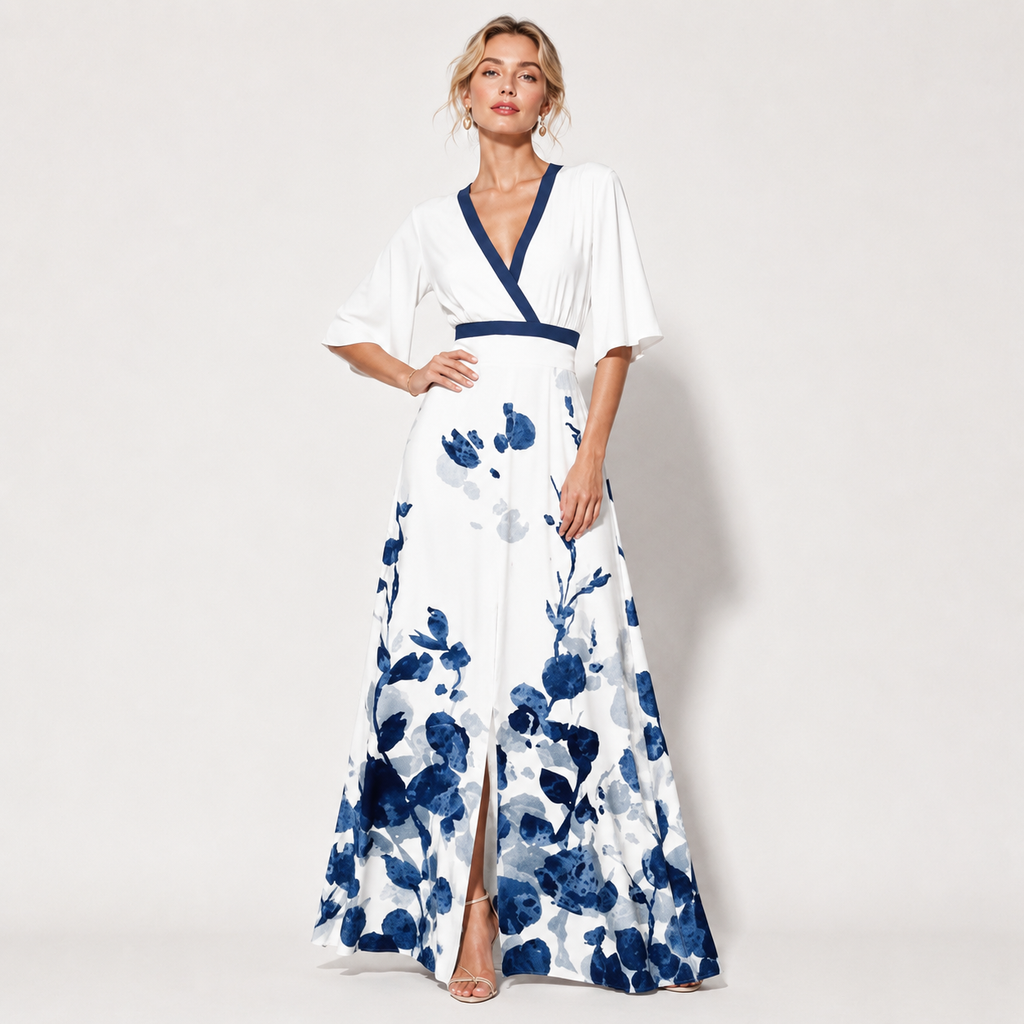 V Neck Belted A-Line Maxi Dress