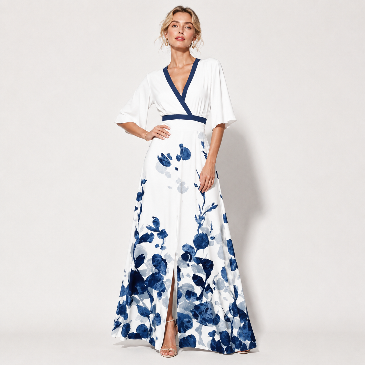 V Neck Belted A-Line Maxi Dress