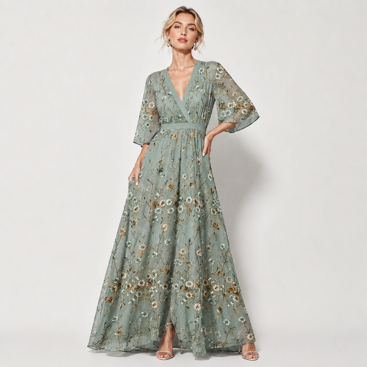 V Neck Belted A-Line Maxi Dress