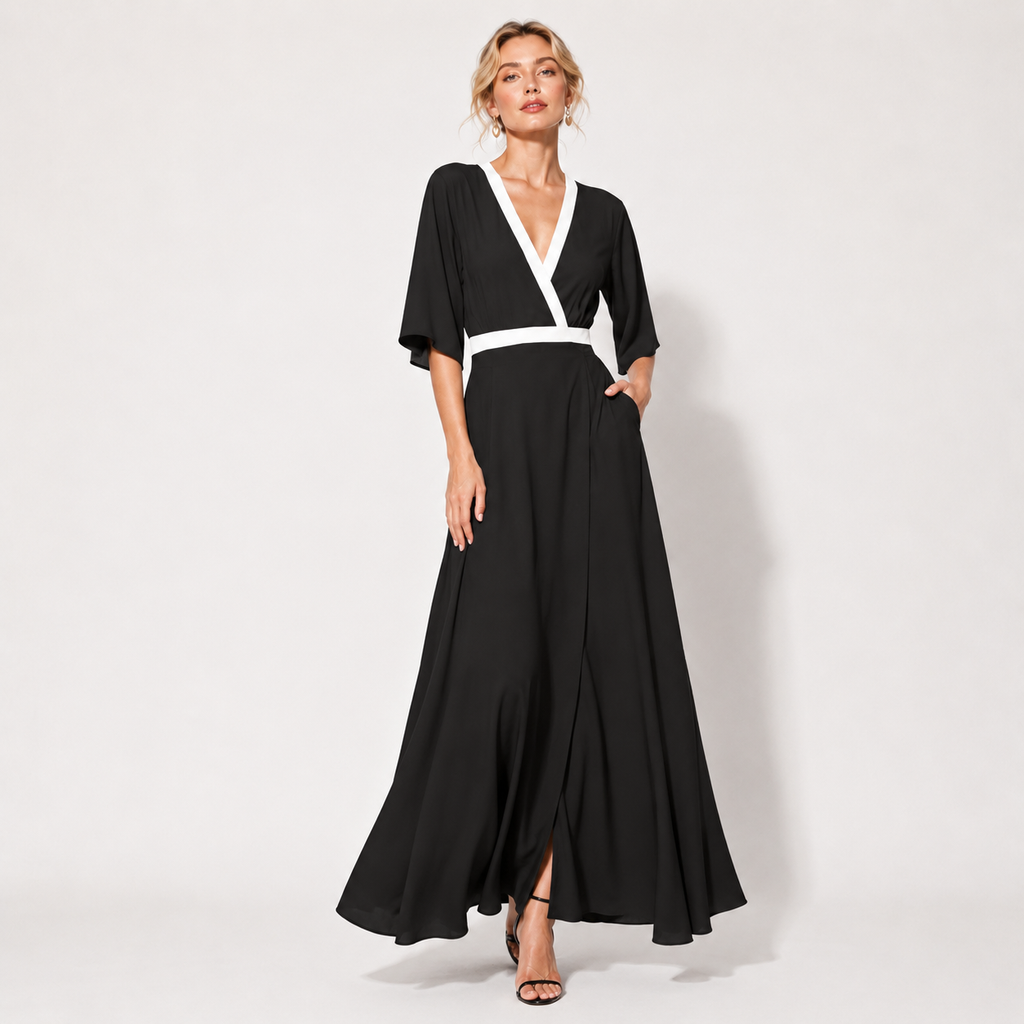 V Neck Belted A-Line Maxi Dress